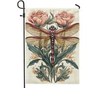 Bandiera da giardino floreale della libellula di primavera ed estate, bandiere decorative della peonia della pesca, tela di iuta bifacciale, decorazione del prato all'aperto per la casa e il giardino