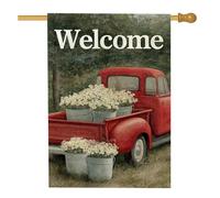 Bandiera da giardino floreale di benvenuto, camion vintage rosso con fiori decorazione per esterni, striscione da cortile in iuta su entrambi i lati per primavera estate decorazione per la casa 71 x