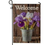 Bandiera da giardino floreale di benvenuto, fiore di iris viola, decorazione per la casa e il giardino, decorazione per esterni in iuta su entrambi i lati, per primavera ed estate, accenti per prato e
