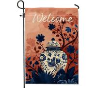 Bandiera da giardino floreale di benvenuto, vaso decorativo blu con fiori per la casa, bandiera da cortile su entrambi i lati per tutte le stagioni 30,5 x 45,7 cm