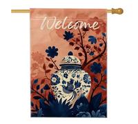 Bandiera da giardino floreale di benvenuto, vaso decorativo blu con fiori per la casa, bandiera da cortile su entrambi i lati per tutte le stagioni 71 x 101 cm