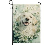Bandiera da giardino floreale estiva, bianco Golden Retriever Dog Art Decor Banner, double face iuta decorazione per prato all'aperto, cartello per amanti degli animali, decorazione per il giardino