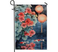 Bandiera da giardino floreale estiva con pesci di carpa, gerani rossi, banner di decorazione per esterni, bandiera in tessuto artistico a doppia faccia per la decorazione del prato della casa, 12