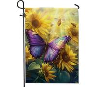 Bandiera da giardino floreale estiva, decorazione per esterni con farfalla viola, bandiera da cortile in iuta su entrambi i lati, tema girasoli e api, ideale per la decorazione del prato domestico