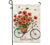 Bandiera da giardino floreale estiva, gerani rossi, biciclette, decorazione per la casa, bandiere da giardino, bandiera da giardino in iuta su entrambi i lati, decorazione per esterni, 30,5 x 45,7 cm