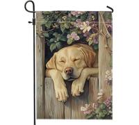 Bandiera da giardino floreale estiva, motivo cane da laboratorio giallo addormentato, decorazione per la casa e il giardino, bandiera da giardino in iuta su entrambi i lati, decorazione per esterni