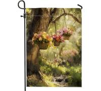 Bandiera da giardino floreale estivo, cesti appesi colorati, decorazione natura, bandiera in juta double face per decorazione prato, 12 x 18 pollici
