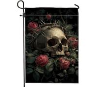 Bandiera da giardino floreale gotica, con teschio di rosa scura, decorazione per la casa, bandiera su entrambi i lati, per Halloween, decorazione per prato all'aperto, 30,5 x 45,7 cm
