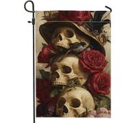 Bandiera da giardino floreale gotica, rose rosse e teschi, decorazione per esterni, striscione in iuta su entrambi i lati, per feste di Halloween, decorazione per prato, 30,5 x 45,7 cm