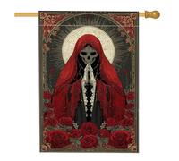 Bandiera da giardino floreale gotica rossa, scheletro con rose scure, striscione decorativo per la casa, bandiera da giardino in iuta su entrambi i lati, decorazione per esterni per Halloween, 71 x