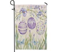 Bandiera da giardino floreale pasquale, uova di primavera viola, farfalla decorazione per la casa bandiere da giardino, bandiera da giardino in iuta su entrambi i lati, decorazione per esterni, 30,5 x