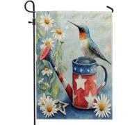 Bandiera da giardino floreale patriottica estiva, annaffiatoio rosso bianco blu colibrì striscione decorazione per la casa, bandiera da cortile su entrambi i lati, decorazione per prato esterno 30,5 x