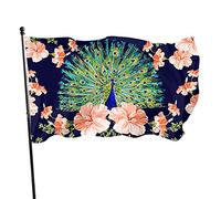 Bandiera da giardino floreale pavone 3x5 FT Fiore esotico Animale Uccelli Piuma Foglia verde Ramo Poliestere Cortile Bandiere Casa Patio Prato Banner di auguri per esterni