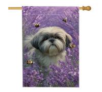 Bandiera da giardino floreale per cani con lavanda, viola Shih Tzu con api, decorazione per esterni, striscione in iuta su entrambi i lati per decorazione primaverile estiva da giardino, 71 x 101 cm