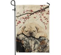 Bandiera da giardino floreale per cani primaverile ed estate, marrone chiaro con cucciolo di Shar Pei, decorazione da giardino, bandiera da giardino su entrambi i lati, per la casa e il prato, 30,5 x