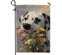 Bandiera da giardino floreale per cani primaverili ed estivi, dalmata bianca con fiori colorati, striscione decorativo per la casa, bandiera da giardino in iuta su entrambi i lati, decorazione per