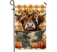 Bandiera da giardino floreale per raccolto autunnale, girasoli gialli, motivo: mucca delle Highlands, decorazione per esterni del Ringraziamento, bandiera bifacciale in iuta, 30,5 x 45,7 cm