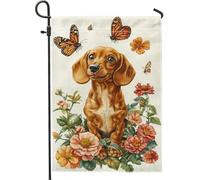 Bandiera da giardino floreale primavera estate bella bassotto con farfalle banner da cortile double face in poliestere decorazione prato esterno 30,5 x 45,7 cm