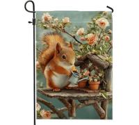 Bandiera da giardino floreale primaverile, annaffiatoio arancione scoiattolo per la casa, bandiera a doppia faccia in iuta da cortile decorazione per prato esterno 30,5 x 45,7 cm