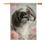 Bandiera da giardino floreale primaverile, cane Shih Tzu grigio con occhiali e rose di pesca, striscione vintage decorativo per la casa, bandiera in iuta su entrambi i lati, per feste stagionali