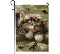Bandiera da giardino floreale primaverile con gattino addormentato con fiori e api, striscione da esterno in iuta su entrambi i lati, decorazione per la casa per feste e prato, 30,5 x 45,7 cm