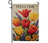 Bandiera da giardino floreale primaverile, decorazione per esterni con tulipani vivaci e lavanda, striscione in iuta su entrambi i lati, decorazione per la casa, per prato e patio, 30,5 x 45,7 cm