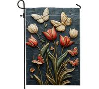 Bandiera da giardino floreale primaverile e estiva, bandiera decorativa per esterni, con tulipani rossi e bianchi, bandiera decorativa per esterni, bandiera da giardino in iuta su entrambi i lati per