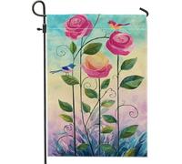 Bandiera da giardino floreale primaverile ed estate, con rose di pesca e uccelli, bandiera decorativa per esterni, bandiera da cortile in iuta su entrambi i lati, per decorazione del prato e delle