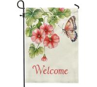 Bandiera da giardino floreale primaverile ed estate, decorazione per esterni, con gerani di pesca, decorazione per esterni, bandiere da cortile in iuta su entrambi i lati, per decorazione del prato e