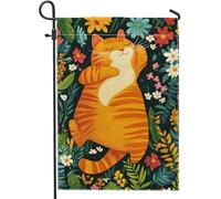 Bandiera da giardino floreale primaverile ed estate gatto tigrato arancione decorazione domestica banner da giardino in tela doppia faccia, decorazione per prato all'aperto, 12 x 18