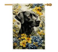 Bandiera da giardino floreale primaverile ed estate, opera d'arte di cane labrador nero con fiori gialli e blu, striscione decorativo da cortile su entrambi i lati per la decorazione del prato esterno