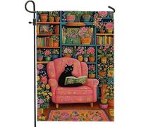 Bandiera da giardino floreale primaverile ed estate, pesca accogliente gatto che legge sulla sedia, decorazione per la casa da giardino, decorazione per prato esterno su entrambi i lati, 30,5 x 45,7