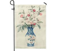 Bandiera da giardino floreale primaverile ed estate, vaso blu e bianco con fiori e fragole, bandiera da giardino in iuta su entrambi i lati, decorazione per esterni, decorazione floreale stagionale