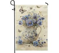 Bandiera da giardino floreale primaverile ed estiva, bandiera decorativa per esterni con viola del pensiero blu e farfalle, bandiera da giardino in iuta su entrambi i lati, per la decorazione del