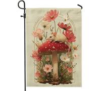 Bandiera da giardino floreale primaverile ed estiva, bandiera decorativa per la casa, motivo topolino e fungo, bandiera da giardino in iuta su entrambi i lati, decorazione per esterni, 30,5 x 45,7 cm