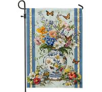 Bandiera da giardino floreale primaverile ed estiva, bouquet di fiori blu, decorazione da cortile, striscione decorativo su entrambi i lati per esposizione su prato esterno, decorazione vintage per la