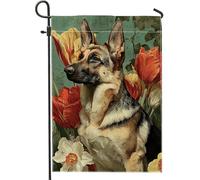 Bandiera da giardino floreale primaverile ed estiva, cane pastore tedesco con tulipani colorati, striscione decorativo per la casa, bandiera da giardino in iuta su entrambi i lati, decorazione per