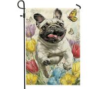 Bandiera da giardino floreale primaverile ed estiva, con cani francesi colorati che corrono con farfalle e fiori, striscione in iuta su entrambi i lati per la decorazione del prato esterno, 30,5 x