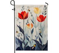 Bandiera da giardino floreale primaverile ed estiva, decorazione per esterni con tulipani rossi gialli e api, bandiera da cortile in iuta su entrambi i lati, decorazione per prato per casa e giardino