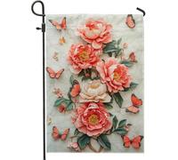 Bandiera da giardino floreale primaverile ed estiva, fiori di peonia corallo, farfalla, decorazione per la casa e il giardino, bandiera da giardino in iuta su entrambi i lati, decorazione per esterni