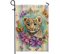 Bandiera da giardino floreale primaverile ed estiva, grazioso cucciolo di leopardo con fiori e farfalle, striscione da cortile per esterni, decorazione per prato su entrambi i lati, decorazione per la