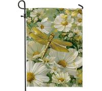 Bandiera da giardino floreale primaverile ed estiva, libellula dorata e margherita bianca, decorazione per la casa e il giardino, bandiera da giardino in iuta su entrambi i lati, decorazione per feste