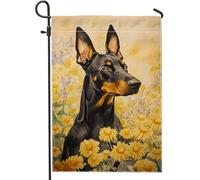 Bandiera da giardino floreale primaverile ed estiva, motivo dobermann nero, margherita gialla, decorazione naturale, bandiera da giardino in iuta su entrambi i lati, decorazione per esterni, 30,5 x