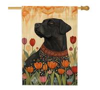 Bandiera da giardino floreale primaverile ed estiva, striscione decorativo con tulipani per cani da laboratorio nero, bandiera da giardino in iuta su entrambi i lati, decorazione per feste all'aperto