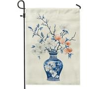 Bandiera da giardino floreale primaverile ed estiva, vaso blu e bianco con fiori e frutta, decorazione per esterni, striscione da cortile in iuta su entrambi i lati per casa e giardino, elegante