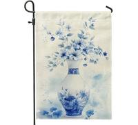 Bandiera da giardino floreale primaverile ed estiva, vaso floreale blu con fiori decorazione per esterni, bandiera da cortile in iuta su entrambi i lati per la decorazione del prato domestico 30,5 x
