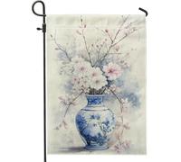 Bandiera da giardino floreale primaverile ed estiva, vaso in porcellana blu e bianco con design a fiori di ciliegio, bandiera da cortile in tessuto su entrambi i lati per decorazione domestica