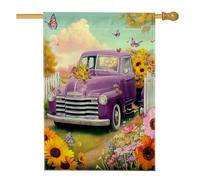 Bandiera da giardino floreale primaverile estate, camion vintage viola con girasoli e farfalle, striscione decorativo per la casa, bandiera da cortile in iuta su entrambi i lati per decorazione