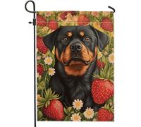 Bandiera da giardino floreale primaverile estate rottie nero e rosso cane fragola margherita decorazione per la casa all'aperto, bandiera da cortile in iuta su entrambi i lati, decorazione per feste