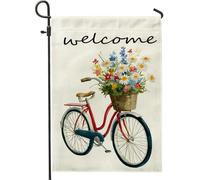 Bandiera da giardino floreale primaverile estiva, bici rossa con fiori benvenuto decorazione per la casa, bandiera da giardino in iuta su entrambi i lati, decorazione per prato esterno 30,5 x 45,7 cm